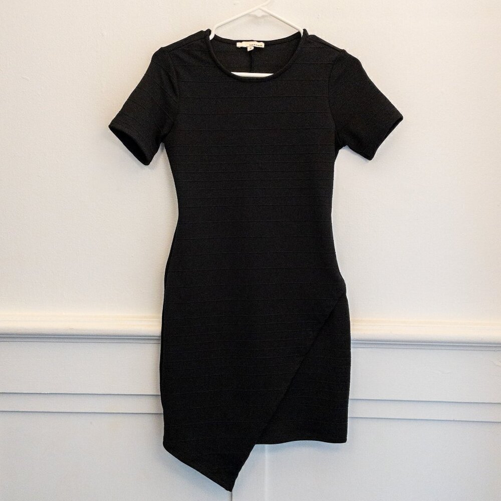 June & Hudson Black Bodycon Mini Dress – Size Small | Asymmetrical Hem, Stretch
